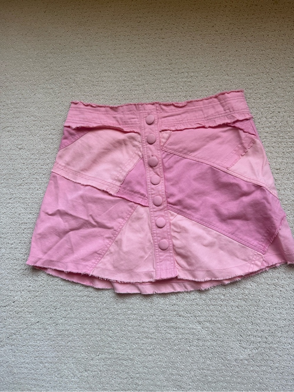 LoveShackFancy Two-Tone Pink Patchwork Button Mini Skirt
